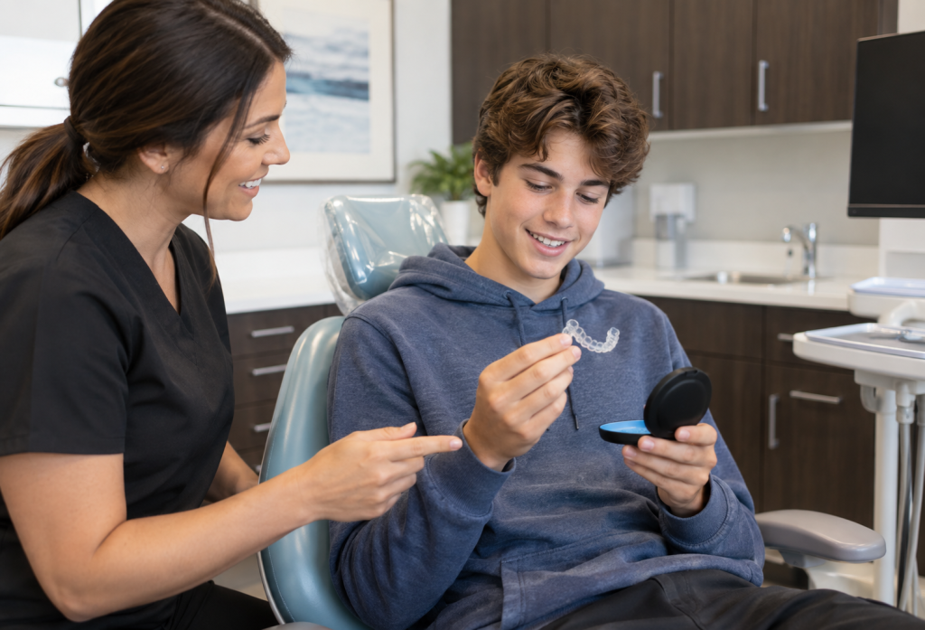 Teenage patient learning about Invisalign clear aligners at Skinner Dental in Murray, Utah